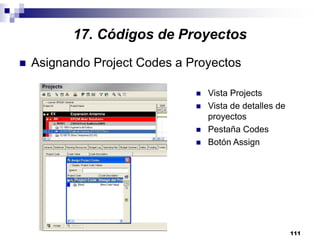 111
Asignando Project Codes a Proyectos
Vista Projects
Vista de detalles de
proyectos
Pestaña Codes
Botón Assign
17. Códigos de Proyectos
 