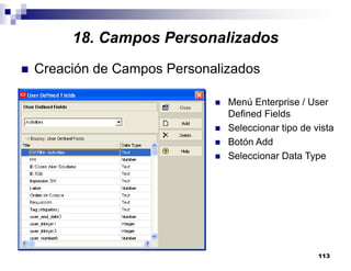 113
Creación de Campos Personalizados
Menú Enterprise / User
Defined Fields
Seleccionar tipo de vista
Botón Add
Seleccionar Data Type
18. Campos Personalizados
 
