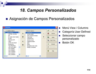 114
Asignación de Campos Personalizados
Menú View / Columns
Categoría User Defined
Seleccionar campo
personalizado
Botón OK
18. Campos Personalizados
 