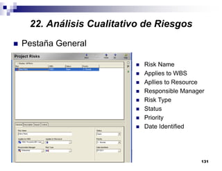 131
Pestaña General
Risk Name
Applies to WBS
Apllies to Resource
Responsible Manager
Risk Type
Status
Priority
Date Identified
22. Análisis Cualitativo de Riesgos
 