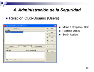 25
Relación OBS-Usuario (Users)
Menú Entreprise / OBS
Pestaña Users
Botón Assign
4. Administración de la Seguridad
 