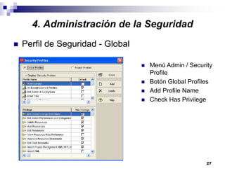 27
4. Administración de la Seguridad
Perfil de Seguridad - Global
Menú Admin / Security
Profile
Botón Global Profiles
Add Profile Name
Check Has Privilege
 