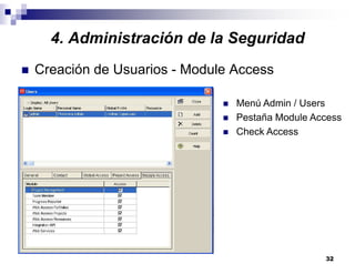 32
4. Administración de la Seguridad
Creación de Usuarios - Module Access
Menú Admin / Users
Pestaña Module Access
Check Access
 