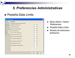 36
5. Preferencias Administrativas
Pestaña Data Limits
Menú Admin / Admin
Preferences
Pestaña Data Limits
Niveles de estructura
jerárquica
 