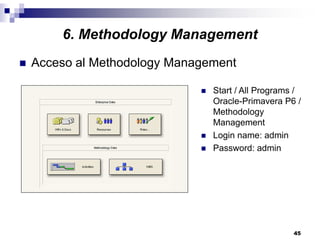 45
6. Methodology Management
Acceso al Methodology Management
Start / All Programs /
Oracle-Primavera P6 /
Methodology
Management
Login name: admin
Password: admin
 