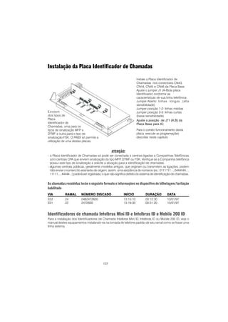 107
Instalação da Placa Identificador de Chamadas
ATENÇÃO!
- a Placa Identificador de Chamadas só pode ser conectada a centrais ligadas a Companhias Telefônicas
com centrais CPA que enviem sinalização do tipo MFP, DTMF ou FSK. Verifique se a Companhia telefônica
possui este tipo de sinalização e solicite a ativação para a identificação de chamadas.
- algumas centrais públicas, geralmente modelos antigos, que originam ou transmitem as ligações, podem
não enviar o número do assinante de origem; assim, uma seqüência de números (ex.: 0111111..., 0444444...,
11111..., 44444...) poderá ser registrada, o que não significa defeito do sistema de identificação de chamadas.
As chamadas recebidas terão o seguinte formato e informações no dispositivo de bilhetagem/tarifação
habilitado
VIA RAMAL NÚMERO DISCADO INÍCIO DURAÇÃO DATA
E02 24 0482472600 13:15:10 00:12:30 10/01/97
E01 22 2472600 13:19:30 00:01:20 10/01/97
Identificadores de chamada Intelbras Mini ID e Intelbras ID e Mobile 200 ID
Para a instalação dos Identificadores de Chamada Intelbras Mini ID, Intelbras ID ou Mobile 200 ID, veja o
manual destes equipamentos instalando-os na tomada de telefone padrão de seu ramal como se fosse uma
linha externa.
Instale a Placa Identificador de
Chamadas nos conectores CN43,
CN44, CN45 e CN46 da Placa Base.
Ajuste o jumper J1 (A-B)da placa
Identificador conforme as
características de sua linha telefônica:
Jumper Aberto: linhas longas (alta
sensibilidade)
Jumper posição 1-2: linhas médias
Jumper posição 2-3: linhas curtas
(baixa sensibilidade)
Ajuste a posição de J11 (A,B) da
Placa Base para IC;
Para o correto funcionamento desta
placa, execute as programações
descritas neste capítulo.
Existem
dois tipos de
Placa
Identificador de
Chamadas, uma para os
tipos de sinalização MFP e
DTMF e outra para o tipo de
sinalização FSK. O PABX só permite a
utilização de uma destas placas.
 