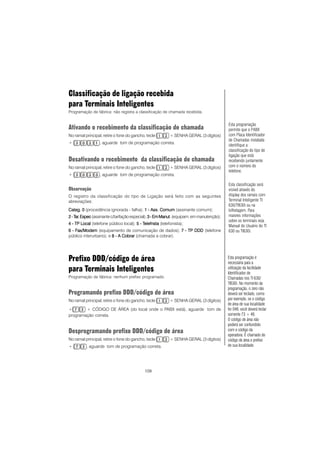 109
Classificação de ligação recebida
para Terminais Inteligentes
Programação de fábrica: não registra a classificação de chamada recebida.
Ativando o recebimento da classificação de chamada
No ramal principal, retire o fone do gancho, tecle + SENHA GERAL (3 dígitos)
+ , aguarde tom de programação correta.
Desativando o recebimento da classificação de chamada
No ramal principal, retire o fone do gancho, tecle + SENHA GERAL (3 dígitos)
+ , aguarde tom de programação correta.
Observação
O registro da classificação do tipo de Ligação será feito com as seguintes
abreviações:
Categ. 0Categ. 0Categ. 0Categ. 0Categ. 0 (procedência ignorada - falha); 1 - Ass. Comum1 - Ass. Comum1 - Ass. Comum1 - Ass. Comum1 - Ass. Comum (assinante comum);
2-T2-T2-T2-T2-Tararararar.Espec.Espec.Espec.Espec.Espec(assinantec/tarifaçãoespecial); 3-EmManut3-EmManut3-EmManut3-EmManut3-EmManut.(equipam.emmanutenção);
4 - TP Local4 - TP Local4 - TP Local4 - TP Local4 - TP Local (telefone público local); 5 - T5 - T5 - T5 - T5 - Telefnstaelefnstaelefnstaelefnstaelefnsta (telefonista);
6 - F6 - F6 - F6 - F6 - Fax/Modemax/Modemax/Modemax/Modemax/Modem (equipamento de comunicação de dados); 7 - TP DDD7 - TP DDD7 - TP DDD7 - TP DDD7 - TP DDD (telefone
público interurbano); e 8 - A Cobrar8 - A Cobrar8 - A Cobrar8 - A Cobrar8 - A Cobrar (chamada a cobrar).
Prefixo DDD/código de área
para Terminais Inteligentes
Programação de fábrica: nenhum prefixo programado.
Programando prefixo DDD/código de área
No ramal principal, retire o fone do gancho, tecle + SENHA GERAL (3 dígitos)
+ + CÓDIGO DE ÁREA (do local onde o PABX está), aguarde tom de
programação correta.
Desprogramando prefixo DDD/código de área
No ramal principal, retire o fone do gancho, tecle + SENHA GERAL (3 dígitos)
+ , aguarde tom de programação correta.
Esta programação é
necessária para a
utilização da facilidade
Identificador de
Chamadas nos TI 630/
TI630i. No momento da
programação, o zero não
deverá ser teclado, como
por exemplo, se o código
de área de sua localidade
for 048, você deverá teclar
somente 73 + 48.
O código de área não
poderá ser confundido
com o código da
operadora. É chamado de
código de área o prefixo
de sua localidade.
Esta programação
permite que o PABX
com Placa Identificador
de Chamadas instalada
identifique a
classificação do tipo de
ligação que está
recebendo juntamente
com o número do
telefone.
Esta classificação será
visível através do
display dos ramais com
Terminal Inteligente TI
630/TI630i ou na
bilhetagem. Para
maiores informações
sobre os terminais veja
Manual do Usuário do TI
630 ou TI630i.
 