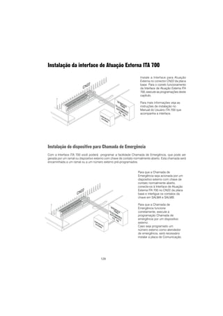 129
Instalação da interface de Atuação Externa ITA 700
Instalação do dispositivo para Chamada de Emergência
Com a Interface ITA 700 você poderá programar a facilidade Chamada de Emergência, que pode ser
gerada por um ramal ou dispositivo externo com chave de contato normalmente aberto. Esta chamada será
encaminhada a um ramal ou a um número externo pré-programados.
Instale a Interface para Atuação
Externa no conector CN22 da placa
base. Para o correto funcionamento
da Interface de Atuação Externa ITA
700, execute as programações deste
capítulo.
Para mais informações veja as
instruções de instalação no
Manual do Usuário ITA 700 que
acompanha a interface.
Para que a Chamada de
Emergência seja acionada por um
dispositivo externo com chave de
contato normalmente aberto,
conecte-os à Interface de Atuação
Externa ITA 700 no CN22 da placa
base e interligue os contatos da
chave em SALMA e SALMB.
Para que a Chamada de
Emergência funcione
corretamente, execute a
programação Chamada de
emergência por um dispositivo
externo .
Caso seja programado um
número externo como atendedor
de emergência, será necessário
instalar a placa de Comunicação.
 