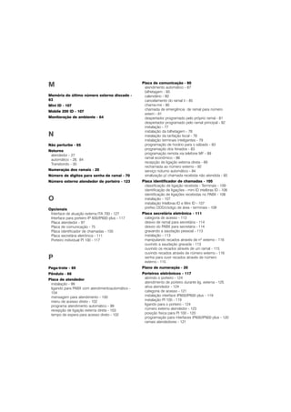 M
Memória do último número externo discado -
63
Mini ID - 107
Mobile 200 ID - 107
Monitoração de ambiente - 64
N
Não perturbe - 65
Noturno
atendedor - 27
automático - 28, 84
Transbordo - 30
Numeração dos ramais - 20
Número de digitos para senha de ramal - 70
Número externo atendedor de porteiro - 123
O
Opcionais
Interface de atuação externa ITA 700 - 127
Interface para porteiro IP 600/IP600 plus - 117
Placa atendedor - 97
Placa de comunicação - 75
Placa identificador de chamadas - 105
Placa secretária eletrônica - 111
Porteiro individual PI 100 - 117
P
Pega-trote - 69
Pêndulo - 66
Placa de atendedor
instalação - 99
ligando para PABX com atendimentoautomático -
104
mensagem para atendimento - 100
menu de acesso direto - 102
programa atendimento automático - 99
recepção de ligação externa direta - 103
tempo de espera para acesso direto - 102
Placa de comunicação - 80
atendimento automático - 87
bilhetagem - 93
calendário - 80
cancelamento do ramal ti - 85
chama-me - 80
chamada de emergência de ramal para número
extern - 91
despertador programado pelo próprio ramal - 81
despertador programado pelo ramal principal - 82
instalação - 77
instalação da bilhetagem - 78
instalação da tarifação local - 78
instalação terminais inteligentes - 79
programação de horário para o sábado - 83
programação dos feriados - 83
programação remota via telefone MF - 89
ramal econômico - 86
recepção de ligação externa direta - 89
rechamada ao número externo - 92
serviço noturno automático - 84
sinalização p/ chamada recebida não atendida - 85
Placa identificador de chamadas - 105
classificação de ligação recebida - Terminais - 109
identificação de ligações - mini ID intelbras ID - 108
identificação de ligações recebidas no PABX - 108
instalação - 107
instalação Intelbras ID e Mini ID - 107
prefixo DDD/código de área - terminais - 109
Placa secretária eletrônica - 111
categoria de acesso - 113
desvio de ramal para secretária - 114
desvio do PABX para secretária - 114
gravando a saudação pessoal - 113
instalação - 113
manipulando recados através de nº externo - 116
ouvindo a saudação gravada - 113
ouvindo os recados através de um ramal - 115
ouvindo recados através de número externo - 116
senha para ouvir recados através de número
externo - 115
Plano de numeração - 20
Porteiros eletrônicos - 117
abrindo o porteiro - 124
atendimento de porteiro durante lig. externa - 125
ativa atendedor - 124
categoria de acesso - 121
instalação interface IP600/IP600 plus - 119
instalação PI 100 - 119
ligando para o porteiro - 124
número externo atendedor - 123
posição física para PI 100 - 120
programação para interfaces IP600/IP600 plus - 120
ramais atendedores - 121
 