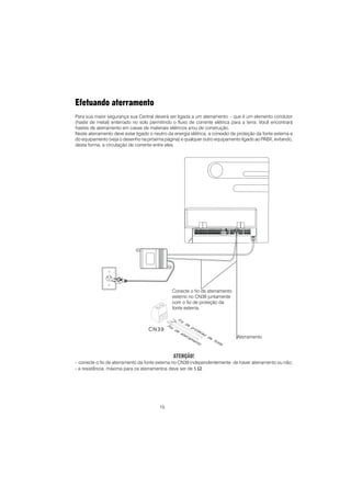 15
Efetuando aterramento
Para sua maior segurança sua Central deverá ser ligada a um aterramento - que é um elemento condutor
(haste de metal) enterrado no solo permitindo o fluxo de corrente elétrica para a terra. Você encontrará
hastes de aterramento em casas de materiais elétricos e/ou de construção.
Neste aterramento deve estar ligado o neutro da energia elétrica, a conexão de proteção da fonte externa e
do equipamento (veja o desenho na próxima página) e qualquer outro equipamento ligado ao PABX, evitando,
desta forma, a circulação de corrente entre eles.
ATENÇÃO!
- conecte o fio de aterramento da fonte externa no CN39 independentemente de haver aterramento ou não;
- a resistência máxima para os aterramentos deve ser de 5 Ω.
Conecte o fio de aterramento
externo no CN39 juntamente
com o fio de proteção da
fonte externa.
Aterramento
 