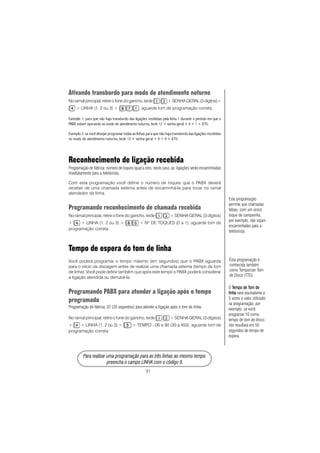 31
PPPPPara rara rara rara rara realizar uma prealizar uma prealizar uma prealizar uma prealizar uma programação para as três linhas ao mesmo tempoogramação para as três linhas ao mesmo tempoogramação para as três linhas ao mesmo tempoogramação para as três linhas ao mesmo tempoogramação para as três linhas ao mesmo tempo
prprprprpreencha o campo LINHA com o código 9.eencha o campo LINHA com o código 9.eencha o campo LINHA com o código 9.eencha o campo LINHA com o código 9.eencha o campo LINHA com o código 9.
Ativando transbordo para modo de atendimento noturno
No ramal principal, retire o fone do gancho, tecle + SENHA GERAL(3 dígitos)+
+ LINHA (1, 2 ou 3) + , aguarde tom de programação correta.
Exemplo 1: para que não haja transbordo das ligações recebidas pela linha 1 durante o período em que o
PABX estiver operando no modo de atendimento noturno, tecle 12 + senha geral + 4 + 1 + 870.
Exemplo 2: se você desejar programar todas as linhas para que não haja transbordo das ligações recebidas
no modo de atendimento noturno, tecle 12 + senha geral + 4 + 9 + 870.
Reconhecimento de ligação recebida
Programação de fábrica: número de toques igual a zero, neste caso, as ligações serão encaminhadas
imediatamente para a telefonista.
Com esta programação você define o número de toques que o PABX deverá
receber de uma chamada externa antes de encaminhá-la para tocar no ramal
atendedor da linha.
Programando reconhecimento de chamada recebida
No ramal principal, retire o fone do gancho, tecle + SENHA GERAL (3 dígitos)
+ + LINHA (1, 2 ou 3) + + NO
DE TOQUES (0 a 1), aguarde tom de
programação correta.
Tempo de espera do tom de linha
Você poderá programar o tempo máximo (em segundos) que o PABX aguarda
para o início da discagem antes de realizar uma chamada externa (tempo de tom
de linha). Você pode definir também que após este tempo o PABX poderá considerar
a ligação atendida ou derrubá-la.
Programando PABX para atender a ligação após o tempo
programado
Programação de fábrica: 07 (35 segundos) para atender a ligação após o tom de linha.
No ramal principal, retire o fone do gancho, tecle + SENHA GERAL (3 dígitos)
+ + LINHA (1, 2 ou 3) + + TEMPO - 06 a 90 (30 a 450), aguarde tom de
programação correta.
Esta programação
permite que chamadas
falsas, com um único
toque de campainha,
por exemplo, não sejam
encaminhadas para a
telefonista.
Ésta programação é
conhecida também
como Temporizar Tom
de Disco (TTD).
O TTTTTempo de Tempo de Tempo de Tempo de Tempo de Tom deom deom deom deom de
linhalinhalinhalinhalinha será equivalente a
5 vezes o valor utilizado
na programação; por
exemplo, se você
programar 10 como
tempo de tom de disco,
isto resultará em 50
segundos de tempo de
espera.
 