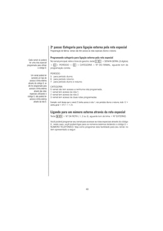 60
2o
passo: Categoria para ligação externa pela rota especial
Programação de fábrica: ramais não têm acesso às rotas especiais diurno e noturno.
Programando categoria para ligação externa pela rota especial
No ramal principal, retire o fone do gancho, tecle + SENHA GERAL (3 dígitos)
+ + PERÍODO + + CATEGORIA + Nº DO RAMAL, aguarde tom de
programação correta.
PERÍODO
5 para período diurno;
6 para período noturno;
7 para período diurno e noturno.
CATEGORIA
0 ramal não tem acesso a nenhuma rota programada;
1 ramal tem acesso às rota 1;
2 ramal tem acesso às rota 2;
3 ramal tem acesso às duas rotas programadas.
Exemplo: você deseja que o ramal 23 tenha acesso à rota 1, nos períodos diurno e noturno, tecle 12 +
senha geral + 373 + 1 + 23.
Ligando para um número externo através da rota especial
Tecle + Nº DA ROTA ( 1, 2 ou 3), aguarde tom de linha + Nº EXTERNO.
Você poderá programar seu ramal para acessar as rotas especiais através do código
0, neste caso, você poderá ligar para os números externos teclando o código 0 +
NÚMERO TELEFÔNICO. Veja como programar esta facilidade para seu ramal, no
item apresentado a seguir:
Um ramal poderá ter
somente um tipo de
acesso à linha externa
através do código 0, se
ele for programado para
acessar a linha externa
através das rotas
especiais utilizando o
código 0, não poderá ter
acesso à linha externa
através da rota 0.
Cada ramal só poderá
ter uma rota especial
programada para utilizar
o código 0.
 