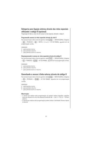 61
Categoria para ligação externa através das rotas especiais
utilizando o código 0 (opcional)
Programação de fábrica: ramais não têm acesso às rotas especiais utilizando o código 0.
Programando acesso às rotas especiais através da rota 0
No ramal principal, retire o fone do gancho, tecle + SENHA GERAL (3 dígitos)
+ + PERÍODO + + ROTA (1, 2 ou 3) + Nº DO RAMAL, aguarde tom de
programação correta.
PERÍODO
5 para período diurno;
6 para período noturno;
7 para período diurno e noturno.
Desprogramando o acesso às rotas especiais através do código 0
No ramal principal, retire o fone do gancho, tecle + SENHA GERAL (3 dígitos)
+ + PERÍODO + + Nº DO RAMAL, aguarde tom de programação correta.
PERÍODO
5 para período diurno;
6 para período noturno;
7 para período diurno e noturno.
Cancelando o acesso à linha externa através do código 0
No ramal principal, retire o fone do gancho, tecle + SENHA GERAL (3 dígitos)
+ + PERÍODO + + Nº DO RAMAL, aguarde tom de programação
correta.
PERÍODO
5 para período diurno;
6 para período noturno;
7 para período diurno e noturno.
Observação:
- o ramal que realizar esta programação só poderá realizar ligações Ligações
externas através de uma rota especial (teclando 89 + rota (1, 2 ou 3) + número
externo;
- O ramal que realizar esta programação poderá utilizar a facilidade Acesso rápido
à internet.
.
 