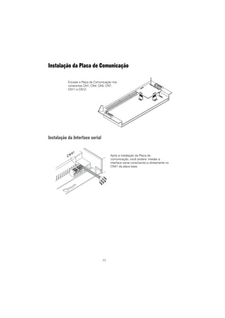 77
Instalação da Placa de Comunicação
Instalação da Interface serial
Após a instalação da Placa de
comunicação, você poderá instalar a
interface serial conectando-a diretamente no
CN41 da placa base.
Encaixe a Placa de Comunicação nos
conectores CN1, CN4, CN5, CN7,
CN11 e CN12.
 