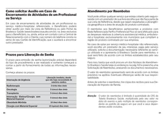 3130
Como solicitar Auxílio em Caso de
Encerramento de Atividades de um Pro ssional
ou Serviço
Em caso de encerramento de atividades de um pro ssional ou
serviço médico-hospitalar referenciado, o Bene ciário poderá
obter auxílio por meio da Lista de Referência ou pelo Portal da
Bradesco Saúde (www.bradescosaude.com.br), na área exclusiva
para o Bene ciário, ou, ainda, entrar em contato com a Central de
Relacionamento com o Cliente, cujo número do telefone consta no
verso do seu Cartão de Identi cação, que o auxiliará a encontrar
outro prestador.
Prazos para Liberação de Senha
O prazo para emissão de senha (autorização prévia) dependerá
do tipo de procedimento a ser realizado e somente começará a
contar a partir do fornecimento de todas as informações neces-
sárias.
Conheça abaixo os prazos:
Internação de Urgência
Liberação imediata, desde
que não haja necessidade de
relatório médico
Radioterapia 3 (três) dias úteis
Oncologia 5 (cinco) dias úteis
Transplante 5 (cinco) dias úteis
Internação Eletiva/Cirurgia sem
Material Especial
5 (cinco) dias úteis
Obesidade Mórbida 10 (dez) dias úteis
Cirurgia com Material Especial 15 (quinze) dias úteis
Atendimento por Reembolso
Você pode utilizar qualquer serviço que esteja coberto pelo seguro-
saúde com um prestador de sua livre escolha que não faça parte da
sua Lista de Referência, desde que sejam respeitadas a abrangên-
cia geográ ca e a área de atuação do produto contratado.
O reembolso aos Bene ciários pertencentes a produtos com
Rede Referenciada Per l e Preferencial Plus só será efetuado para
as despesas relativas à cobertura assistencial médica, ambulato-
rial e hospitalar, exclusivamente nos municípios que compõem a
região do produto contratado por sua empresa.
No caso de optar por serviço médico-hospitalar não referenciado,
você escolhe um prestador de seu interesse, paga pelo serviço
utilizado, solicita a documentação necessária referente ao servi-
ço utilizado e a apresenta à Bradesco Saúde para reembolso, o
qual será feito de acordo com os limites estabelecidos pelo seu
seguro.
Para isso, basta que você procure um dos Núcleos de Atendimen-
to Bradesco Saúde (veja os endereços na pág. 62) e preencha uma
Solicitação de Reembolso, anexando os documentos necessários.
O valor do reembolso apresentado será de acordo com os limites
previstos na apólice. Eventuais diferenças serão de sua respon-
sabilidade.
Antes de solicitar o reembolso, tire cópia dos recibos para sua De-
claração de Imposto de Renda.
Atenção O valor do reembolso é limitado à quantidade de CRS da
Tabela Bradesco Saúde, multiplicada pelo seu valor na
data do evento e pelo múltiplo de reembolso correspon-
dente ao padrão de seguro em que você e seus depen-
dentes estão incluídos.
 