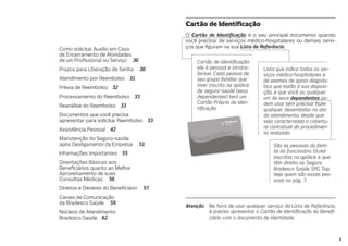 54
Cartão de Identi cação
O Cartão de Identi cação é o seu principal documento quando
você precisar de serviços médico-hospitalares ou demais servi-
ços que guram na sua Lista de Referência.
Cartão de Identi cação:
ele é pessoal e intrans-
ferível. Cada pessoa de
seu grupo familiar que
tiver inscrito na apólice
de seguro-saúde (seus
dependentes) terá um
Cartão Próprio de Iden-
ti cação.
Lista que indica todos os ser-
viços médico-hospitalares e
de exames de apoio diagnós-
tico que estão à sua disposi-
ção, e que você ou qualquer
um de seus dependentes po-
dem usar sem precisar fazer
qualquer desembolso no ato
do atendimento, desde que
seja caracterizada a cobertu-
ra contratual do procedimen-
to realizado.
São as pessoas da famí-
lia do funcionário titular
inscritas na apólice e que
têm direito ao Seguro
Bradesco Saúde SPG Top.
Veja quem são essas pes-
soas na pág. 7.
Atenção Na hora de usar qualquer serviço da Lista de Referência,
é preciso apresentar o Cartão de Identi cação do Bene -
ciário com o documento de identidade.
Como solicitar Auxílio em Caso
de Encerramento de Atividades
de um Pro ssional ou Serviço 30
Prazos para Liberação de Senha 30
Atendimento por Reembolso 31
Prévia de Reembolso 32
Processamento do Reembolso 33
Reanálise do Reembolso 33
Documentos que você precisa
apresentar para solicitar Reembolso 33
Assistência Pessoal 42
Manutenção do Seguro-saúde
após Desligamento da Empresa 51
Informações Importantes 55
Orientações Básicas aos
Bene ciários quanto ao Melhor
Aproveitamento de suas
Consultas Médicas 56
Direitos e Deveres do Bene ciário 57
Canais de Comunicação
da Bradesco Saúde 59
Núcleos de Atendimento
Bradesco Saúde 62
 