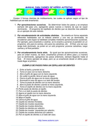 MANUAL PARA PADRES DE NIÑOS AUTISTAS




   Existen 3 formas distintas de moldeamiento, las cuales se aplican según el tipo de
habilidad que se esté enseñando:

    1. Por aproximaciones sucesivas. Se determinan todos los pasos y se empieza
       siempre del paso uno, agregando pasos nuevos a manera de que se vayan
       dominando. El programa de cepillado de dientes que se describe mas adelante
       es un ejemplo de este método.

    2. Por encadenamiento de actividades distintas. Se enseña en forma separada
       diferentes habilidades con el método anterior y una vez ya dominadas, se
       encadenan para lograr la habilidad completa mediante aproximaciones sucesivas.
       Por ejemplo, para enseñarle a vestirse, se le enseña a ponerse el pantalón en un
       programa, otro para la camisa, otro para los calcetines, etc. Al final, una vez que
       tenga todo dominado, se juntan en un solo programa: ponerse calcetines, luego
       camisa y al final pantalón.

    3. Por encadenamiento hacia atrás. Es igual que las aproximaciones sucesivas,
       pero en orden inverso, es decir, enseñamos primero el último paso y a manera
       que va dominando, agregamos los pasos anteriores, siempre llegando hasta el
       final. El mismo ejemplo de abajo, pero se va enseñando desde el último paso
       hasta llegar al primero.

             EJEMPLO DE PASOS PARA UN CEPILLADO DE DIENTES:

       1. Entra al baño y prende la luz.
       2. Toma el vaso con la mano derecha.
       3. Abre el grifo de agua con la mano izquierda.
       4. Sin soltar la perilla, llena el vaso de agua.
       5. Cierra el grifo de agua con la mano izquierda.
       6. Acomoda el vaso de agua a un lado del lavabo.
       7. Toma la pasta de dientes con la mano derecha.
       8. Abre la pasta de dientes usando la mano izquierda.
       9. Toma el cepillo de dientes con la mano izquierda.
      10. Ponle pasta de dientes al cepillo.
      11. Pon a un lado la pasta de dientes.
      12. Agarra el cepillo con la mano derecha.
      13. Abre el grifo de agua con la mano izquierda.
      14. Moja el cepillo.
      15. Cierra el grifo de agua.
      16. Cepilla los dientes frontales.
      17. Cepilla las muelas izquierdas.
      18. Cepilla las muelas derechas.
      19. Cepilla los dientes por adentro.
      20. Cepilla las muelas izquierdas por adentro.
      21. Cepilla las muelas derechas por adentro.
      22. Pon el cepillo de dientes a un lado del vaso.


                               http://www.autismo.com                                  37
 