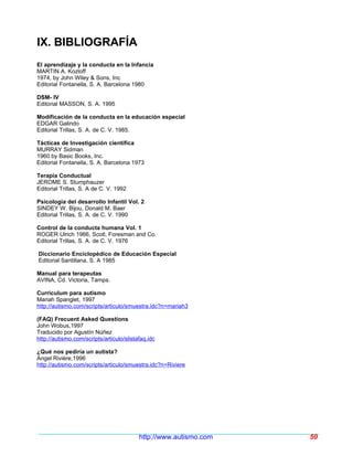 IX. BIBLIOGRAFÍA
El aprendizaje y la conducta en la Infancia
MARTIN A. Kozloff
1974, by John Wiley & Sons, Inc
Editorial Fontanella, S. A. Barcelona 1980

DSM- IV
Editorial MASSON, S. A. 1995

Modificación de la conducta en la educación especial
EDGAR Galindo
Editorial Trillas, S. A. de C. V. 1985.

Tácticas de Investigación científica
MURRAY Sidman
1960 by Basic Books, Inc.
Editorial Fontanella, S. A. Barcelona 1973

Terapia Conductual
JEROME S. Stumphauzer
Editorial Trillas, S. A de C. V. 1992

Psicología del desarrollo Infantil Vol. 2
SINDEY W. Bijou, Donald M. Baer
Editorial Trillas, S. A. de C. V. 1990

Control de la conducta humana Vol. 1
ROGER Ulrich 1966, Scotl, Foresman and Co.
Editorial Trillas, S. A. de C. V. 1976

Diccionario Enciclopédico de Educación Especial
Editorial Santillana, S. A 1985

Manual para terapeutas
AVINA, Cd. Victoria, Tamps.

Curriculum para autismo
Mariah Spanglet, 1997
http://autismo.com/scripts/articulo/smuestra.idc?n=mariah3

(FAQ) Frecuent Asked Questions
John Wobus,1997
Traducido por Agustín Núñez
http://autismo.com/scripts/articulo/slistafaq.idc

¿Qué nos pediría un autista?
Angel Rivière,1996
http://autismo.com/scripts/articulo/smuestra.idc?n=Riviere




                                          http://www.autismo.com   50
 
