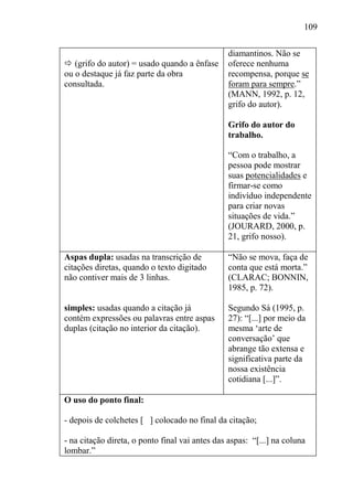 109
 (grifo do autor) = usado quando a ênfase
ou o destaque já faz parte da obra
consultada.
diamantinos. Não se
oferece nenhuma
recompensa, porque se
foram para sempre.”
(MANN, 1992, p. 12,
grifo do autor).
Grifo do autor do
trabalho.
“Com o trabalho, a
pessoa pode mostrar
suas potencialidades e
firmar-se como
indivíduo independente
para criar novas
situações de vida.”
(JOURARD, 2000, p.
21, grifo nosso).
Aspas dupla: usadas na transcrição de
citações diretas, quando o texto digitado
não contiver mais de 3 linhas.
simples: usadas quando a citação já
contém expressões ou palavras entre aspas
duplas (citação no interior da citação).
“Não se mova, faça de
conta que está morta.”
(CLARAC; BONNIN,
1985, p. 72).
Segundo Sá (1995, p.
27): “[...] por meio da
mesma ‘arte de
conversação’ que
abrange tão extensa e
significativa parte da
nossa existência
cotidiana [...]”.
O uso do ponto final:
- depois de colchetes [ ] colocado no final da citação;
- na citação direta, o ponto final vai antes das aspas: “[...] na coluna
lombar.”
 