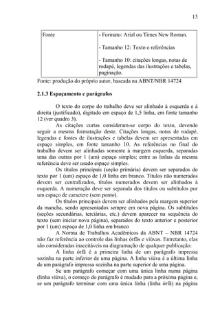 13
Fonte - Formato: Arial ou Times New Roman.
- Tamanho 12: Texto e referências
- Tamanho 10: citações longas, notas de
rodapé, legendas das ilustrações e tabelas,
paginação.
Fonte: produção do próprio autor, baseada na ABNT/NBR 14724
2.1.3 Espaçamento e parágrafos
O texto do corpo do trabalho deve ser alinhado à esquerda e à
direita (justificado), digitado em espaço de 1,5 linha, em fonte tamanho
12 (ver quadro 3).
As citações curtas consideram-se corpo do texto, devendo
seguir a mesma formatação deste. Citações longas, notas de rodapé,
legendas e fontes de ilustrações e tabelas devem ser apresentadas em
espaço simples, em fonte tamanho 10. As referências no final do
trabalho devem ser alinhadas somente à margem esquerda, separadas
uma das outras por 1 (um) espaço simples; entre as linhas da mesma
referência deve ser usado espaço simples.
Os títulos principais (seção primária) devem ser separados do
texto por 1 (um) espaço de 1,0 linha em branco. Títulos não numerados
devem ser centralizados, títulos numerados devem ser alinhados à
esquerda. A numeração deve ser separada dos títulos ou subtítulos por
um espaço de caractere (sem ponto).
Os títulos principais devem ser alinhados pela margem superior
da mancha, sendo apresentados sempre em nova página. Os subtítulos
(seções secundárias, terciárias, etc.) devem aparecer na sequência do
texto (sem iniciar nova página), separados do texto anterior e posterior
por 1 (um) espaço de 1,0 linha em branco
A Norma de Trabalhos Acadêmicos da ABNT – NBR 14724
não faz referência ao controle das linhas órfãs e viúvas. Entretanto, elas
são consideradas inaceitáveis na diagramação de qualquer publicação.
A linha órfã é a primeira linha de um parágrafo impressa
sozinha na parte inferior de uma página. A linha viúva é a última linha
de um parágrafo impressa sozinha na parte superior de uma página.
Se um parágrafo começar com uma única linha numa página
(linha viúva), o começo do parágrafo é mudado para a próxima página e,
se um parágrafo terminar com uma única linha (linha órfã) na página
 