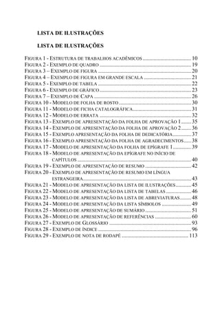 LISTA DE ILUSTRAÇÕES
LISTA DE ILUSTRAÇÕES
FIGURA 1 - ESTRUTURA DE TRABALHOS ACADÊMICOS................................... 10
FIGURA 2 - EXEMPLO DE QUADRO .................................................................. 19
FIGURA 3 – EXEMPLO DE FIGURA ................................................................... 20
FIGURA 4 – EXEMPLO DE FIGURA EM GRANDE ESCALA .................................. 21
FIGURA 5 - EXEMPLO DE TABELA ................................................................... 22
FIGURA 6 - EXEMPLO DE GRÁFICO.................................................................. 23
FIGURA 7 – EXEMPLO DE CAPA ...................................................................... 26
FIGURA 10 - MODELO DE FOLHA DE ROSTO .................................................... 30
FIGURA 11 - MODELO DE FICHA CATALOGRÁFICA.......................................... 31
FIGURA 12 - MODELO DE ERRATA .................................................................. 32
FIGURA 13 - EXEMPLO DE APRESENTAÇÃO DA FOLHA DE APROVAÇÃO 1....... 35
FIGURA 14 - EXEMPLO DE APRESENTAÇÃO DA FOLHA DE APROVAÇÃO 2....... 36
FIGURA 15 - EXEMPLO APRESENTAÇÃO DA FOLHA DE DEDICATÓRIA............. 37
FIGURA 16 - EXEMPLO APRESENTAÇÃO DA FOLHA DE AGRADECIMENTOS..... 38
FIGURA 17 - MODELO DE APRESENTAÇÃO DA FOLHA DE EPÍGRAFE 1............. 39
FIGURA 18 - MODELO DE APRESENTAÇÃO DA EPÍGRAFE NO INÍCIO DE
CAPÍTULOS .................................................................................. 40
FIGURA 19 - EXEMPLO DE APRESENTAÇÃO DE RESUMO ................................. 42
FIGURA 20 - EXEMPLO DE APRESENTAÇÃO DE RESUMO EM LÍNGUA
ESTRANGEIRA.............................................................................. 43
FIGURA 21 - MODELO DE APRESENTAÇÃO DA LISTA DE ILUSTRAÇÕES........... 45
FIGURA 22 - MODELO DE APRESENTAÇÃO DA LISTA DE TABELAS .................. 46
FIGURA 23 - MODELO DE APRESENTAÇÃO DA LISTA DE ABREVIATURAS........ 48
FIGURA 24 - MODELO DE APRESENTAÇÃO DA LISTA SÍMBOLOS ..................... 49
FIGURA 25 - MODELO DE APRESENTAÇÃO DE SUMÁRIO ................................. 51
FIGURA 26 - MODELO DE APRESENTAÇÃO DE REFERÊNCIAS .......................... 60
FIGURA 27 - EXEMPLO DE GLOSSÁRIO ........................................................... 93
FIGURA 28 - EXEMPLO DE ÍNDICE ................................................................... 96
FIGURA 29 - EXEMPLO DE NOTA DE RODAPÉ ................................................ 113
 