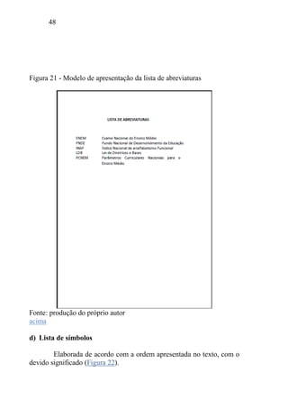 48
Figura 21 - Modelo de apresentação da lista de abreviaturas
Fonte: produção do próprio autor
acima
d) Lista de símbolos
Elaborada de acordo com a ordem apresentada no texto, com o
devido significado (Figura 22).
 