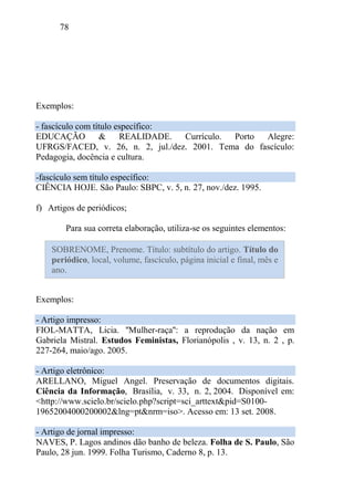 78
Exemplos:
- fascículo com título específico:
EDUCAÇÃO & REALIDADE. Currículo. Porto Alegre:
UFRGS/FACED, v. 26, n. 2, jul./dez. 2001. Tema do fascículo:
Pedagogia, docência e cultura.
-fascículo sem título específico:
CIÊNCIA HOJE. São Paulo: SBPC, v. 5, n. 27, nov./dez. 1995.
f) Artigos de periódicos;
Para sua correta elaboração, utiliza-se os seguintes elementos:
Exemplos:
- Artigo impresso:
FIOL-MATTA, Licia. ''Mulher-raça'': a reprodução da nação em
Gabriela Mistral. Estudos Feministas, Florianópolis , v. 13, n. 2 , p.
227-264, maio/ago. 2005.
- Artigo eletrônico:
ARELLANO, Miguel Angel. Preservação de documentos digitais.
Ciência da Informação, Brasília, v. 33, n. 2, 2004. Disponível em:
<http://www.scielo.br/scielo.php?script=sci_arttext&pid=S0100-
19652004000200002&lng=pt&nrm=iso>. Acesso em: 13 set. 2008.
- Artigo de jornal impresso:
NAVES, P. Lagos andinos dão banho de beleza. Folha de S. Paulo, São
Paulo, 28 jun. 1999. Folha Turismo, Caderno 8, p. 13.
SOBRENOME, Prenome. Título: subtítulo do artigo. Título do
periódico, local, volume, fascículo, página inicial e final, mês e
ano.
 