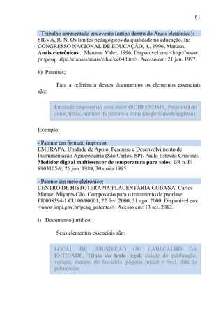 81
- Trabalho apresentado em evento (artigo dentro do Anais eletrônico):
SILVA, R. N. Os limites pedagógicos da qualidade na educação. In:
CONGRESSO NACIONAL DE EDUCAÇÃO, 4., 1996, Manaus.
Anais eletrônicos... Manaus: Valer, 1996. Disponível em: <http://www.
propesq. ufpe.br/anais/anais/educ/ce04.htm>. Acesso em: 21 jan. 1997.
h) Patentes;
Para a referência desses documentos os elementos essenciais
são:
Exemplo:
- Patente em formato impresso:
EMBRAPA. Unidade de Apoio, Pesquisa e Desenvolvimento de
Instrumentação Agropecuária (São Carlos, SP). Paulo Estevão Cruvinel.
Medidor digital multissensor de temperatura para solos. BR n. PI
8903105-9, 26 jun. 1989, 30 maio 1995.
- Patente em meio eletrônico:
CENTRO DE HISTOTERAPIA PLACENTÁRIA CUBANA. Carlos
Manuel Miyares Cão. Composição para o tratamento da psoríase.
PI0008394-1 CU 00/00001, 22 fev. 2000, 31 ago. 2000. Disponível em:
<www.inpi.gov.br/pesq_patentes>. Acesso em: 13 set. 2012.
i) Documento jurídico;
Seus elementos essenciais são:
Entidade responsável e/ou autor (SOBRENOME, Prenome) do
autor, título, número da patente e datas (do período de registro).
LOCAL DE JURISDIÇÃO OU CABEÇALHO DA
ENTIDADE. Título do texto legal, cidade de publicação,
volume, número do fascículo, páginas inicial e final, data de
publicação.
 