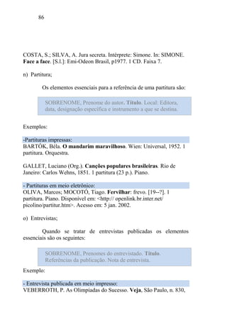 86
COSTA, S.; SILVA, A. Jura secreta. Intérprete: Simone. In: SIMONE.
Face a face. [S.l.]: Emi-Odeon Brasil, p1977. 1 CD. Faixa 7.
n) Partitura;
Os elementos essenciais para a referência de uma partitura são:
Exemplos:
-Partituras impressas:
BARTÓK, Béla. O mandarim maravilhoso. Wien: Universal, 1952. 1
partitura. Orquestra.
GALLET, Luciano (Org.). Canções populares brasileiras. Rio de
Janeiro: Carlos Wehns, 1851. 1 partitura (23 p.). Piano.
- Partituras em meio eletrônico:
OLIVA, Marcos; MOCOTÓ, Tiago. Fervilhar: frevo. [19--?]. 1
partitura. Piano. Disponível em: <http:// openlink.br.inter.net/
picolino/partitur.htm>. Acesso em: 5 jan. 2002.
o) Entrevistas;
Quando se tratar de entrevistas publicadas os elementos
essenciais são os seguintes:
Exemplo:
- Entrevista publicada em meio impresso:
VEBERROTH, P. As Olimpíadas do Sucesso. Veja, São Paulo, n. 830,
SOBRENOME, Prenome do autor. Título. Local: Editora,
data, designação específica e instrumento a que se destina.
SOBRENOME, Prenomes do entrevistado. Título.
Referências da publicação. Nota de entrevista.
 