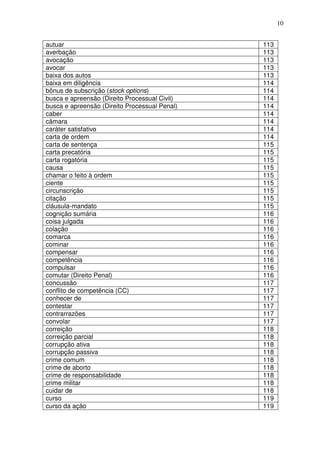 10


autuar                                         113
averbação                                      113
avocação                                       113
avocar                                         113
baixa dos autos                                113
baixa em diligência                            114
bônus de subscrição (stock options)            114
busca e apreensão (Direito Processual Civil)   114
busca e apreensão (Direito Processual Penal)   114
caber                                          114
câmara                                         114
caráter satisfativo                            114
carta de ordem                                 114
carta de sentença                              115
carta precatória                               115
carta rogatória                                115
causa                                          115
chamar o feito à ordem                         115
ciente                                         115
circunscrição                                  115
citação                                        115
cláusula-mandato                               115
cognição sumária                               116
coisa julgada                                  116
colação                                        116
comarca                                        116
cominar                                        116
compensar                                      116
competência                                    116
compulsar                                      116
comutar (Direito Penal)                        116
concussão                                      117
conflito de competência (CC)                   117
conhecer de                                    117
contestar                                      117
contrarrazões                                  117
convolar                                       117
correição                                      118
correição parcial                              118
corrupção ativa                                118
corrupção passiva                              118
crime comum                                    118
crime de aborto                                118
crime de responsabilidade                      118
crime militar                                  118
cuidar de                                      118
curso                                          119
curso da ação                                  119
 