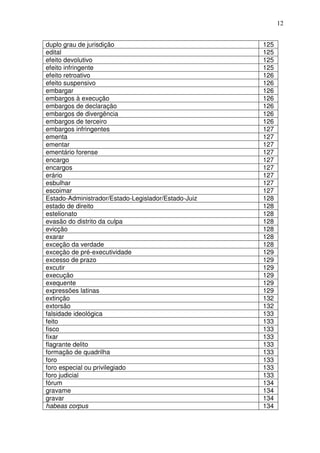 12


duplo grau de jurisdição                             125
edital                                               125
efeito devolutivo                                    125
efeito infringente                                   125
efeito retroativo                                    126
efeito suspensivo                                    126
embargar                                             126
embargos à execução                                  126
embargos de declaração                               126
embargos de divergência                              126
embargos de terceiro                                 126
embargos infringentes                                127
ementa                                               127
ementar                                              127
ementário forense                                    127
encargo                                              127
encargos                                             127
erário                                               127
esbulhar                                             127
escoimar                                             127
Estado-Administrador/Estado-Legislador/Estado-Juiz   128
estado de direito                                    128
estelionato                                          128
evasão do distrito da culpa                          128
evicção                                              128
exarar                                               128
exceção da verdade                                   128
exceção de pré-executividade                         129
excesso de prazo                                     129
excutir                                              129
execução                                             129
exequente                                            129
expressões latinas                                   129
extinção                                             132
extorsão                                             132
falsidade ideológica                                 133
feito                                                133
fisco                                                133
fixar                                                133
flagrante delito                                     133
formação de quadrilha                                133
foro                                                 133
foro especial ou privilegiado                        133
foro judicial                                        133
fórum                                                134
gravame                                              134
gravar                                               134
habeas corpus                                        134
 
