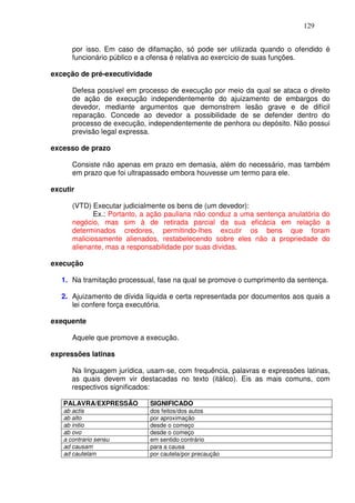 129


      por isso. Em caso de difamação, só pode ser utilizada quando o ofendido é
      funcionário público e a ofensa é relativa ao exercício de suas funções.

exceção de pré-executividade

      Defesa possível em processo de execução por meio da qual se ataca o direito
      de ação de execução independentemente do ajuizamento de embargos do
      devedor, mediante argumentos que demonstrem lesão grave e de difícil
      reparação. Concede ao devedor a possibilidade de se defender dentro do
      processo de execução, independentemente de penhora ou depósito. Não possui
      previsão legal expressa.

excesso de prazo

      Consiste não apenas em prazo em demasia, além do necessário, mas também
      em prazo que foi ultrapassado embora houvesse um termo para ele.

excutir

      (VTD) Executar judicialmente os bens de (um devedor):
             Ex.: Portanto, a ação pauliana não conduz a uma sentença anulatória do
      negócio, mas sim à de retirada parcial da sua eficácia em relação a
      determinados credores, permitindo-lhes excutir os bens que foram
      maliciosamente alienados, restabelecendo sobre eles não a propriedade do
      alienante, mas a responsabilidade por suas dívidas.

execução

   1. Na tramitação processual, fase na qual se promove o cumprimento da sentença.

   2. Ajuizamento de dívida líquida e certa representada por documentos aos quais a
      lei confere força executória.

exequente

      Aquele que promove a execução.

expressões latinas

      Na linguagem jurídica, usam-se, com frequência, palavras e expressões latinas,
      as quais devem vir destacadas no texto (itálico). Eis as mais comuns, com
      respectivos significados:

   PALAVRA/EXPRESSÃO         SIGNIFICADO
   ab actis                  dos feitos/dos autos
   ab alto                   por aproximação
   ab initio                 desde o começo
   ab ovo                    desde o começo
   a contrario sensu         em sentido contrário
   ad causam                 para a causa
   ad cautelam               por cautela/por precaução
 