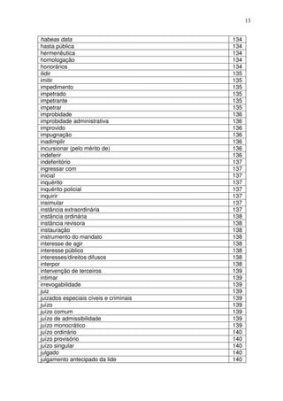 13


habeas data                             134
hasta pública                           134
hermenêutica                            134
homologação                             134
honorários                              134
ilidir                                  135
imitir                                  135
impedimento                             135
impetrado                               135
impetrante                              135
impetrar                                135
improbidade                             136
improbidade administrativa              136
improvido                               136
impugnação                              136
inadimplir                              136
incursionar (pelo mérito de)            136
indeferir                               136
indeferitório                           137
ingressar com                           137
inicial                                 137
inquérito                               137
inquérito policial                      137
inquirir                                137
insimular                               137
instância extraordinária                137
instância ordinária                     138
instância revisora                      138
instauração                             138
instrumento do mandato                  138
interesse de agir                       138
interesse público                       138
interesses/direitos difusos             138
interpor                                138
intervenção de terceiros                139
intimar                                 139
irrevogabilidade                        139
juiz                                    139
juizados especiais cíveis e criminais   139
juízo                                   139
juízo comum                             139
juízo de admissibilidade                139
juízo monocrático                       139
juízo ordinário                         140
juízo provisório                        140
juízo singular                          140
julgado                                 140
julgamento antecipado da lide           140
 