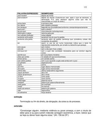 132


   PALAVRA/EXPRESSÃO             SIGNIFICADO
   post mortem                   depois da morte
   post scriptum                 depois do escrito (Costuma-se usar, após o que se escreveu, a
                                 abreviação P.S. para destacar alguma coisa que não foi
                                 mencionada no corpo do texto.)
   prima facie                   à primeira vista
   pro labore                    pelo trabalho prestado
   pro tempore                   segundo as circunstâncias/conforme o tempo/temporariamente
   quid iuris?                   qual o direito?
   qui pro quo                   uma coisa por outra/equívoco
   reformatio in pejus           reforma para pior
   res iudicata (judicata)       coisa julgada
   sententia extra petita        sentença fora do que foi pedido
   sententia ultra petita        sentença além do pedido (sentença que considerou coisas não
                                 constantes do pedido)
   sic                           assim (o uso de sic numa transcrição indica que o texto foi
                                 reproduzido exatamente, por errado ou estranho que pareça)
   sine causa                    sem motivo
   sine die                      sem o dia (sem fixar a data)
   sine qua non                  sem a qual não (condição necessária para se concluir alguma
                                 coisa)
   sponte sua                    por sua própria iniciativa
   statu quo (ante)              no estado em que se encontrava
   stricto sensu                 em sentido estrito
   sub iudice (judice)           com o juiz (quando a ação está ainda com o juiz)
   sui generis                   especial/único
   supra                         acima
   ubi infra                     lugar abaixo mencionado
   ubi supra                     lugar acima mencionado
   ultima ratio                  última razão/último argumento
   usque ad finem                até o fim
   usque ad terminum             até o limite
   ut retro                      como atrás
   ut supra                      como acima
   verba legis                   palavras da lei
   verbatim                      palavra por palavra/literalmente
   verbi gratia                  por exemplo
   verbis                        em termos
   verbo ad verbum               palavra por palavra
   vide                          veja/confira
   vis attractiva                força atrativa

extinção

         Terminação ou fim do direito, da obrigação, da coisa ou do processo.

extorsão

         “Constranger alguém, mediante violência ou grave ameaça, e com o intuito de
         obter para si ou para outrem indevida vantagem econômica, a fazer, tolerar que
         se faça ou deixar fazer alguma coisa.” (Art. 158 do CP.)
 