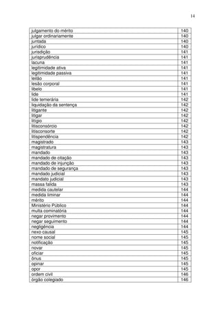 14


julgamento do mérito     140
julgar ordinariamente    140
juntada                  140
jurídico                 140
jurisdição               141
jurisprudência           141
lacuna                   141
legitimidade ativa       141
legitimidade passiva     141
leilão                   141
lesão corporal           141
libelo                   141
lide                     141
lide temerária           142
liquidação da sentença   142
litigante                142
litigar                  142
litígio                  142
litisconsórcio           142
litisconsorte            142
litispendência           142
magistrado               143
magistratura             143
mandado                  143
mandado de citação       143
mandado de injunção      143
mandado de segurança     143
mandado judicial         143
mandato judicial         143
massa falida             143
medida cautelar          144
medida liminar           144
mérito                   144
Ministério Público       144
multa cominatória        144
negar provimento         144
negar seguimento         144
negligência              144
nexo causal              145
nome social              145
notificação              145
novar                    145
oficiar                  145
ônus                     145
opinar                   145
opor                     145
ordem civil              146
órgão colegiado          146
 