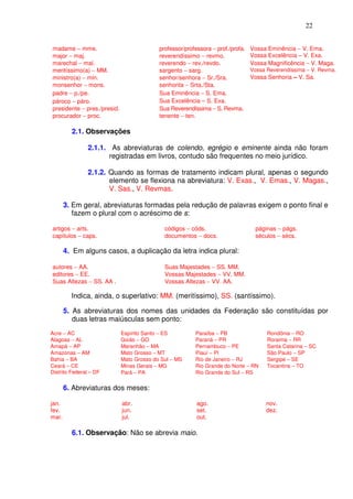 22


madame − mme.                              professor/professora − prof./profa.   Vossa Eminência − V. Ema.
major − maj.                               reverendíssimo − revmo.               Vossa Excelência – V. Exa.
marechal − mal.                            reverendo − rev./revdo.               Vossa Magnificência − V. Maga.
meritíssimo(a) − MM.                       sargento − sarg.                      Vossa Reverendíssima − V. Revma.
ministro(a) − min.                         senhor/senhora − Sr./Sra.             Vossa Senhoria – V. Sa.
monsenhor − mons.                          senhorita − Srta./Sta.
padre − p./pe.                             Sua Eminência − S. Ema.
pároco − páro.                             Sua Excelência – S. Exa.
presidente − pres./presid.                 Sua Reverendíssima − S. Revma.
procurador − proc.                         tenente − ten.

         2.1. Observações

               2.1.1. As abreviaturas de colendo, egrégio e eminente ainda não foram
                      registradas em livros, contudo são frequentes no meio jurídico.

               2.1.2. Quando as formas de tratamento indicam plural, apenas o segundo
                      elemento se flexiona na abreviatura: V. Exas., V. Emas., V. Magas.,
                      V. Sas., V. Revmas.

       3. Em geral, abreviaturas formadas pela redução de palavras exigem o ponto final e
          fazem o plural com o acréscimo de s:

artigos − arts.                              códigos − códs.                      páginas − págs.
capítulos − caps.                            documentos − docs.                   séculos − sécs.

       4. Em alguns casos, a duplicação da letra indica plural:

autores − AA.                                Suas Majestades − SS. MM.
editores − EE.                               Vossas Majestades − VV. MM.
Suas Altezas − SS. AA .                      Vossas Altezas − VV. AA.

         Indica, ainda, o superlativo: MM. (meritíssimo), SS. (santíssimo).

       5. As abreviaturas dos nomes das unidades da Federação são constituídas por
          duas letras maiúsculas sem ponto:
Acre − AC                    Espírito Santo − ES         Paraíba − PB                  Rondônia − RO
Alagoas − AL                 Goiás − GO                  Paraná − PR                   Roraima − RR
Amapá − AP                   Maranhão − MA               Pernambuco − PE               Santa Catarina − SC
Amazonas − AM                Mato Grosso − MT            Piauí − PI                    São Paulo − SP
Bahia − BA                   Mato Grosso do Sul − MS     Rio de Janeiro − RJ           Sergipe − SE
Ceará − CE                   Minas Gerais − MG           Rio Grande do Norte − RN      Tocantins − TO
Distrito Federal – DF        Pará − PA                   Rio Grande do Sul − RS

       6. Abreviaturas dos meses:

jan.                         abr.                         ago.                        nov.
fev.                         jun.                         set.                        dez.
mar.                         jul.                         out.

         6.1. Observação: Não se abrevia maio.
 