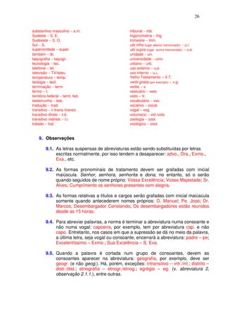 26


substantivo masculino − s.m.                        tribunal − trib.
Sudeste − S. E.                                     trigonometria − trig.
Sudoeste − S. O.                                    trimestre − trim.
Sul − S.                                            ubi infra (lugar abaixo mencionado) − u.i.
superioridade – super.                              ubi supra (lugar acima mencionado) − u.s.
também − tb.                                        unidade − un.
taquigrafia − taquigr.                              universidade − univ.
tecnologia − tec.                                   urbano − urb.
telefone − tel.                                     uso externo − u.e.
televisão − TV/telev.                               uso interno − u.i.
temperatura − temp.                                 Velho Testamento – V.T.
teologia − teol.                                    verbi gratia (por exemplo) − v.g.
terminação − term.                                  verbo − v.
termo − t.                                          vestuário − vest.
território federal − territ. fed.                   visto − V.
testemunha − test.                                  vocabulário − voc.
tradução − trad.                                    vocativo − vocat.
transitivo − t./trans./transit.                     vogal − vog.
transitivo direto − t.d.                            volume(s) − vol./vols.
transitivo indireto − t.i.                          zoologia − zool.
tratado − trat.                                     zoológico − zool.


    9. Observações

         9.1. As letras suspensas de abreviaturas estão sendo substituídas por letras
              escritas normalmente, por isso tendem a desaparecer: advo., Dra., Exmo.,
              Exa., etc.

         9.2. As formas pronominais de tratamento devem ser grafadas com inicial
              maiúscula. Senhor, senhora, senhorita e dona, no entanto, só o serão
              quando seguidos de nome próprio: Vossa Excelência; Vossa Majestade; Sr.
              Alves; Cumprimento os senhores presentes com alegria.

         9.3. As formas relativas a títulos e cargos serão grafadas com inicial maiúscula
              somente quando antecederem nomes próprios: D. Manuel; Pe. José; Dr.
              Marcos; Desembargador Coriolando; Os desembargadores estão reunidos
              desde as 15 horas.

         9.4. Para abreviar palavras, a norma é terminar a abreviatura numa consoante e
              não numa vogal: capoeira, por exemplo, tem por abreviatura cap. e não
              capo. Entretanto, nos casos em que a supressão se dá no meio da palavra,
              a última letra, seja vogal ou consoante, encerrará a abreviatura: padre – pe;
              Excelentíssimo – Exmo.; Sua Excelência – S. Exa.

         9.5. Quando a palavra é cortada num grupo de consoantes, devem as
              consoantes aparecer na abreviatura: geografia, por exemplo, deve ser
              geogr. (e não geog.). Há, porém, exceções: intransitivo – intr./int.; distrito –
              distr./dist.; etnografia – etnogr./etnog.; egrégio – eg. (v. abreviatura 2,
              observação 2.1.1.), entre outras.
 