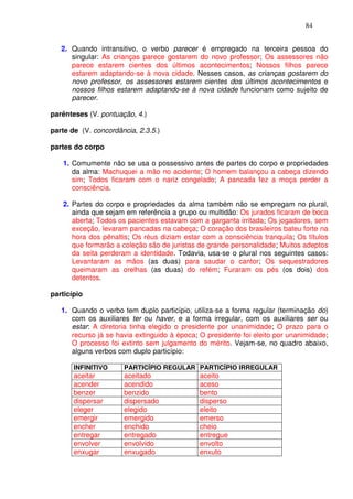 84


   2. Quando intransitivo, o verbo parecer é empregado na terceira pessoa do
      singular: As crianças parece gostarem do novo professor; Os assessores não
      parece estarem cientes dos últimos acontecimentos; Nossos filhos parece
      estarem adaptando-se à nova cidade. Nesses casos, as crianças gostarem do
      novo professor, os assessores estarem cientes dos últimos acontecimentos e
      nossos filhos estarem adaptando-se à nova cidade funcionam como sujeito de
      parecer.

parênteses (V. pontuação, 4.)

parte de (V. concordância, 2.3.5.)

partes do corpo

   1. Comumente não se usa o possessivo antes de partes do corpo e propriedades
      da alma: Machuquei a mão no acidente; O homem balançou a cabeça dizendo
      sim; Todos ficaram com o nariz congelado; A pancada fez a moça perder a
      consciência.

   2. Partes do corpo e propriedades da alma também não se empregam no plural,
      ainda que sejam em referência a grupo ou multidão: Os jurados ficaram de boca
      aberta; Todos os pacientes estavam com a garganta irritada; Os jogadores, sem
      exceção, levaram pancadas na cabeça; O coração dos brasileiros bateu forte na
      hora dos pênaltis; Os réus diziam estar com a consciência tranquila; Os títulos
      que formarão a coleção são de juristas de grande personalidade; Muitos adeptos
      da seita perderam a identidade. Todavia, usa-se o plural nos seguintes casos:
      Levantaram as mãos (as duas) para saudar o cantor; Os sequestradores
      queimaram as orelhas (as duas) do refém; Furaram os pés (os dois) dos
      detentos.

particípio

   1. Quando o verbo tem duplo particípio, utiliza-se a forma regular (terminação do)
      com os auxiliares ter ou haver, e a forma irregular, com os auxiliares ser ou
      estar: A diretoria tinha elegido o presidente por unanimidade; O prazo para o
      recurso já se havia extinguido à época; O presidente foi eleito por unanimidade;
      O processo foi extinto sem julgamento do mérito. Vejam-se, no quadro abaixo,
      alguns verbos com duplo particípio:

       INFINITIVO     PARTICÍPIO REGULAR PARTICÍPIO IRREGULAR
       aceitar        aceitado                aceito
       acender        acendido                aceso
       benzer         benzido                 bento
       dispersar      dispersado              disperso
       eleger         elegido                 eleito
       emergir        emergido                emerso
       encher         enchido                 cheio
       entregar       entregado               entregue
       envolver       envolvido               envolto
       enxugar        enxugado                enxuto
 