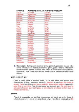 85


      INFINITIVO       PARTICÍPIO REGULAR PARTICÍPIO IRREGULAR
      exaurir          exaurido               exausto
      expressar        expressado             expresso
      exprimir         exprimido              expresso
      expulsar         expulsado              expulso
      extinguir        extinguido             extinto
      fartar           fartado                farto
      findar           findado                findo
      frigir           frigido                frito
      ganhar           ganhado                ganho
      gastar           gastado                gasto
      imergir          imergido               imerso
      imprimir         imprimido              impresso
      isentar          isentado               isento
      juntar           juntado                junto
      limpar           limpado                limpo
      matar            matado                 morto
      ocultar          ocultado               oculto
      pagar            pagado                 pago
      pegar            pegado                 pego
      prender          prendido               preso
      salvar           salvado                salvo
      secar            secado                 seco
      segurar          segurado               seguro
      soltar           soltado                solto
      submergir        submergido             submerso
      sujeitar         sujeitado              sujeito
      suspender        suspendido             suspenso

   2. Observação: Na linguagem atual, as formas ganhado, gastado e pagado estão
      caindo em desuso, de modo que as formas ganho, gasto e pago já estão sendo
      usadas também com os auxiliares ter e haver. A forma bento como particípio,
      igualmente, está caindo em desuso, sendo usada preferencialmente como
      adjetivo.

pedir para/pedir que

   Como o verbo pedir é transitivo direto, só se usa pedir para quando ficar
   subentendida a palavra licença ou permissão: Pedimos (licença) para nos retirar da
   sessão; Pediu (permissão) para ligar a televisão; As jornalistas pediram (permissão)
   para filmar a entrevista. Nos demais casos, usa-se pedir que: Ela pediu que se
   retirassem; Pediram que você ligasse a televisão; As jornalistas pediram que eu
   filmasse a entrevista.

perante

   Perante é preposição que significa na presença de, diante de, ante. Antes de
   substantivo comum, sempre vem seguida de artigo, mas não da preposição a: Ela
 