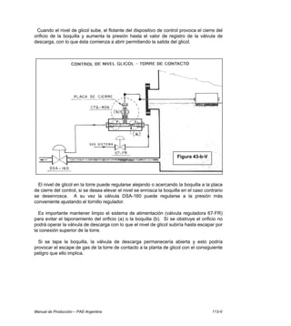 Manual de Producción – PAE-Argentina 113-V
Cuando el nivel de glicol sube, el flotante del dispositivo de control provoca el cierre del
orificio de la boquilla y aumenta la presión hasta el valor de registro de la válvula de
descarga, con lo que ésta comienza a abrir permitiendo la salida del glicol.
El nivel de glicol en la torre puede regularse alejando o acercando la boquilla a la placa
de cierre del control, si se desea elevar el nivel se enrosca la boquilla en el caso contrario
se desenrosca. A su vez la válvula DSA-160 puede regularse a la presión más
conveniente ajustando el tornillo regulador.
Es importante mantener limpio el sistema de alimentación (válvula reguladora 67-FR)
para evitar el taponamiento del orificio (a) o la boquilla (b). Sí se obstruye el orificio no
podrá operar la válvula de descarga con lo que el nivel de glicol subiría hasta escapar por
la conexión superior de la torre.
Si se tapa la boquilla, la válvula de descarga permanecería abierta y esto podría
provocar el escape de gas de la torre de contacto a la planta de glicol con el consiguiente
peligro que ello implica.
Figura 43-b-V
 