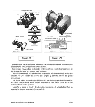 Manual de Producción – PAE- Argentina 17-VII
Los segundos, los caudalímetros magnéticos, se diseñan para medir el flujo de líquidos
eléctricamente conductivos en una cañería cerrada.
Las ventajas incluyen; baja obstrucción, rendimiento lineal, resistente a la cohesión en
las partes en contacto con el fluido, y alta exactitud.
No hay partes móviles que se desgasten, y la perdida de carga es mínima e igual a la
ofrecida por una sección de cañería con longitud y diámetro interior de iguales
dimensiones.
Las únicas partes en contacto con el fluído son, los electrodos y una camisa aislante.
Por estas características, estos pueden seleccionarse para medir caudal en el mas
corrosivo de los medios químicos.
La señal de salida es lineal y directamente proporcional a la velocidad del flujo. La
exactitud se sitúa en general en el orden del 1%.
Figura 8-VII Figura 8-a-VII
 