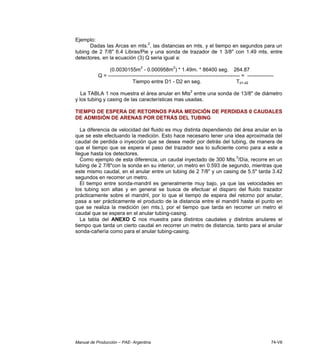Manual de Producción – PAE- Argentina 74-VII
Ejemplo:
Dadas las Arcas en mts.
2
, las distancias en mts. y el tiempo en segundos para un
tubing de 2 7/8" 6.4 Libras/Pie y una sonda de trazador de 1 3/8" con 1.49 mts. entre
detectores, en la ecuación (3) Q seria igual a:
(0.0030155m
2
- 0.000958m
2
) * 1.49m. * 86400 seg. 264.87
Q = --------------------------------------------------------------------------- = ---------------
Tiempo entre D1 - D2 en seg. Td1-d2
La TABLA 1 nos muestra el área anular en Mts
2
entre una sonda de 13/8" de diámetro
y los tubing y casing de las características mas usadas.
TIEMPO DE ESPERA DE RETORNOS PARA MEDICIÓN DE PERDIDAS 0 CAUDALES
DE ADMISIÓN DE ARENAS POR DETRÁS DEL TUBING
La diferencia de velocidad del fluido es muy distinta dependiendo del área anular en la
que se este efectuando la medición. Esto hace necesario tener una idea aproximada del
caudal de perdida o inyección que se desea medir por detrás del tubing, de manera de
que el tiempo que se espera el paso del trazador sea lo suficiente como para a este a
llegue hasta los detectores.
Como ejemplo de esta diferencia, un caudal inyectado de 300 Mts.
3
/Día, recorre en un
tubing de 2 7/8"con la sonda en su interior, un metro en 0.593 de segundo, mientras que
este mismo caudal, en el anular entre un tubing de 2 7/8" y un casing de 5.5" tarda 3.42
segundos en recorrer un metro.
El tiempo entre sonda-mandril es generalmente muy bajo, ya que las velocidades en
los tubing son altas y en general se busca de efectuar el disparo del fluido trazador
prácticamente sobre el mandril, por lo que el tiempo de espera del retorno por anular,
pasa a ser prácticamente el producto de la distancia entre el mandril hasta el punto en
que se realiza la medición (en mts.), por el tiempo que tarda en recorrer un metro el
caudal que se espera en el anular tubing-casing.
La tabla del ANEXO C nos muestra para distintos caudales y distintos anulares el
tiempo que tarda un cierto caudal en recorrer un metro de distancia, tanto para el anular
sonda-cañería como para el anular tubing-casing.
 