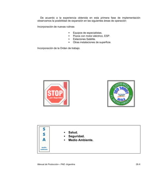Manual de Producción–- PAE- Argentina 26-X
De acuerdo a la experiencia obtenida en esta primera fase de implementación
observamos la posibilidad de expansión en las siguientes áreas de operación:
Incorporación de nuevas rutinas:
• Equipos de especialistas.
• Pozos con motor eléctrico, ESP.
• Estaciones Satélite.
• Otras instalaciones de superficie.
Incorporación de la Orden de trabajo.
• Salud.
• Seguridad.
• Medio Ambiente.
 