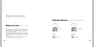 Aplicações
Redução Máxima
25 mm

Meio impresso em milímetros e digital em pixel.

71 pixels

Regras de usos Aplicações
A redução máxima nos mostra o limite que devemos diminuir a marca para
não perder sua leitura. Ao reduzir a marca podemos causar alguns tipos de
ruídos como por exemplo o desaparecimento de pequenos vazios entre as
letras ou entre elementos do símbolo.
A redução é diferenciada em dois casos o da marca com e sem assinatura.
Devemos nos atentar para cada uma dessas reduções, como no caso da marca
com assinatura que possui uma tipografia auxiliar com letras menores que as
do logotipo.
O tamanho mínimo da marca é usado nos meios impressos e digitais.
Nunca reduza a marca além do tamanho determinado.

32

82 pixels

29 mm

Assinatura

Assinatura

10 mm

28 pixels
10,3 mm

29 pixels

33

 