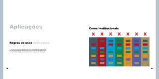 Aplicações

Cores Institucionais

X

X

X

X

X

X

X

Regras de usos Aplicações
As cores institucionais aplicadas ao fundo são prejudiciais a leitura. Não
devemos usar nenhuma dessas opções, pois as cores são únicas para cada
estado. Medida tomada para não descaracterizar as cores de cada região.

38

39

 