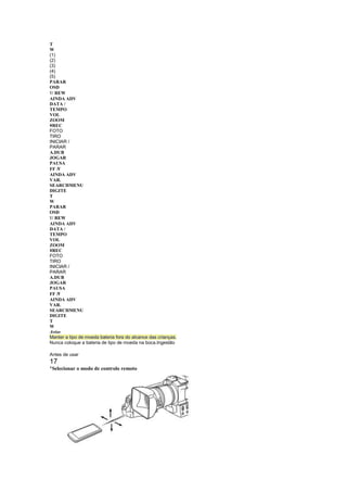 T
W
(1)
(2)
(3)
(4)
(5)
PARAR
OSD

 / REW
AINDA ADV
DATA /
TEMPO
VOL
ZOOM
¥REC
FOTO
TIRO
INICIAR /
PARAR
A.DUB
JOGAR
PAUSA
FF / 
AINDA ADV
VAR.
SEARCHMENU
DIGITE
T
W
PARAR
OSD

 / REW
AINDA ADV
DATA /
TEMPO
VOL
ZOOM
¥REC
FOTO
TIRO
INICIAR /
PARAR
A.DUB
JOGAR
PAUSA
FF / 
AINDA ADV
VAR.
SEARCHMENU
DIGITE
T
W
Aviso
Manter a tipo de moeda bateria fora do alcance das crianças.
Nunca coloque a bateria de tipo de moeda na boca.Ingestão

Antes de usar
17
¡
 Selecionar o modo de controlo remoto
 