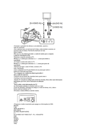  
 Conectar o gravador de câmera e uma televisão, usando o
cabo AV opcional1.
 
 Se o televisor tiver um terminal de S-Video, então também conectar um
opcional cabo S-Video2. Permite-lhe desfrutar de mais
belas imagens.
2Por sua vez, esta câmera-gravador e o modo de mudar para o conjunto
o modo de reprodução de fita.
3Selecione o canal de entrada na TV.
           ¢
4Prima o [ ] botão para selecionar o [ / ] ícone para iniciar a
                                      ¤ £
reprodução.
 
 A imagem e áudio são saída na TV.
           §
5Prima o [ ] botão para selecionar o [ ] ícone para parar de
                                       ¨
reprodução.
 
 Sempre que ligar o cabo S-Video, conecte o AV
cabo, demasiado.
 
 Use o adaptador de CA para liberá-lo de se preocupar sobre o
bateria em execução para baixo.
¡
 Se a imagem ou o áudio da câmera-gravador é
não a saída do televisor
 
 Verificar que as fichas são inseridas tanto quanto eles ir.
 
 Verifique o terminal conectado.
 
 Seleção TV entrada de configuração (switch da entrada). (Para obter mais informações
informações, por favor, leia as instruções de utilização
a TV).
¡
 Para exibir a tela informações da TV
As informações exibidas no monitor LCD ou o visor
(ícone de operação, indicação de código e o modo de tempo, etc.), data e
tempo pode ser exibido na TV.
1Pressione o botão [OSD] no controle remoto.




 
 Pressione o botão novamente para apagar as informações do OSD.
DIGITE
VAR.
MENU DE BUSCA
[EM VÍDEO]
[S-VIDEO IN] [EM ÁUDIO]
21
DV S-VIDEO OUT VIDEO OUT – R L– AOUUDTIO
OSD
DATA /
TEMPO
ZOOM
FOTO
TIRO
 