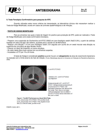 ANTIBIOGRAMA Rev.: 05
04/2011
Laborclin Produtos para Laboratórios Ltda.
Rua Cassemiro de Abreu, 521 – CEP 83.321-210
0800-410027 – sac@laborlcin.com.br
Página 14 de 29
9. Teste Fenotípico Confirmatório para pesquisa de KPC
Quando utilizados estes novos critérios de interpretação, os laboratórios clínicos não necessitam realizar o
Teste de Hodge Modificado, exceto em casos de controles epidemiológicos e de infecção.
- TESTE DE HODGE MODIFICADO:
Para as amostras nas quais o teste de triagem for positivo para produção de KPC, pode ser realizado o Teste
de Hodge Modificado como teste confirmatório fenotípico.
- Preparar uma suspensão de Escherichia coli ATCC 25922 em soro fisiológico estéril (NaCl 0,9%), a partir de colônias
isoladas em placa de ágar não seletivo, ajustada para a escala 0,5 de McFarland.
- Realizar uma diluição 1:10 em soro fisiológico estéril. Em seguida com auxílio de um swab inocular esta diluição na
superfície de uma placa de ágar Mueller Hinton.
- Colocar um disco de imipenem no centro da placa.
- Ao redor deste disco fazer estrias com as amostras suspeitas.
- Incubadas a 37°
C por 18 a 24 horas.
O teste de Hodge é considerado positivo quando houver um alargamento da área de crescimento bacteriano
na inserção com o limite externo do halo de inibição. (Fonte: Metodologia descrita no Consenso em Detecção de Resistência Bacteriana,
2008).
FONTE: CLSI, 2011.
 