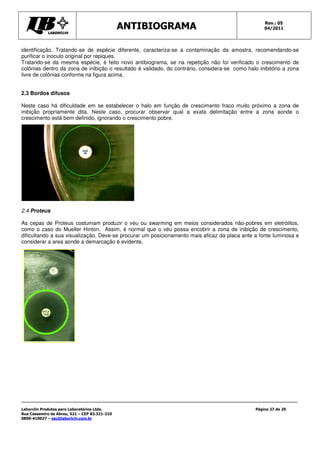 ANTIBIOGRAMA Rev.: 05
04/2011
Laborclin Produtos para Laboratórios Ltda.
Rua Cassemiro de Abreu, 521 – CEP 83.321-210
0800-410027 – sac@laborlcin.com.br
Página 27 de 29
identificação. Tratando-se de espécie diferente, caracteriza-se a contaminação da amostra, recomendando-se
purificar o inoculo original por repiques.
Tratando-se da mesma espécie, é feito novo antibiograma, se na repetição não foi verificado o crescimento de
colônias dentro da zona de inibição o resultado é validado, do contrário, considera-se como halo inibitório a zona
livre de colônias conforme na figura acima.
2.3 Bordos difusos
Neste caso há dificuldade em se estabelecer o halo em função de crescimento fraco muito próximo a zona de
inibição propriamente dita. Neste caso, procurar observar qual a exata delimitação entre a zona aonde o
crescimento está bem definido, ignorando o crescimento pobre.
2.4 Proteus
As cepas de Proteus costumam produzir o véu ou swarming em meios considerados não-pobres em eletrólitos,
como o caso do Mueller Hinton. Assim, é normal que o véu possa encobrir a zona de inibição de crescimento,
dificultando a sua visualização. Deve-se procurar um posicionamento mais eficaz da placa ante a fonte luminosa e
considerar a area aonde a demarcação é evidente.
 