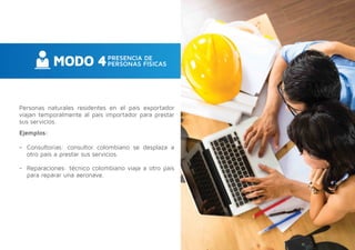 Personas naturales residentes en el país exportador
viajan temporalmente al país importador para prestar
sus servicios.
Ejemplos:
-- Consultorías: consultor colombiano se desplaza a
otro país a prestar sus servicios.
-- Reparaciones: técnico colombiano viaja a otro país
para reparar una aeronave.
 